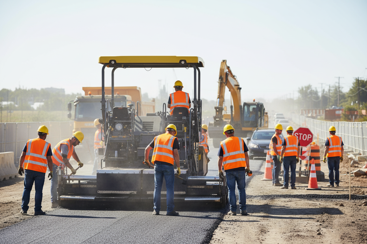 Travailleurs en gilet orange sur chantier routier